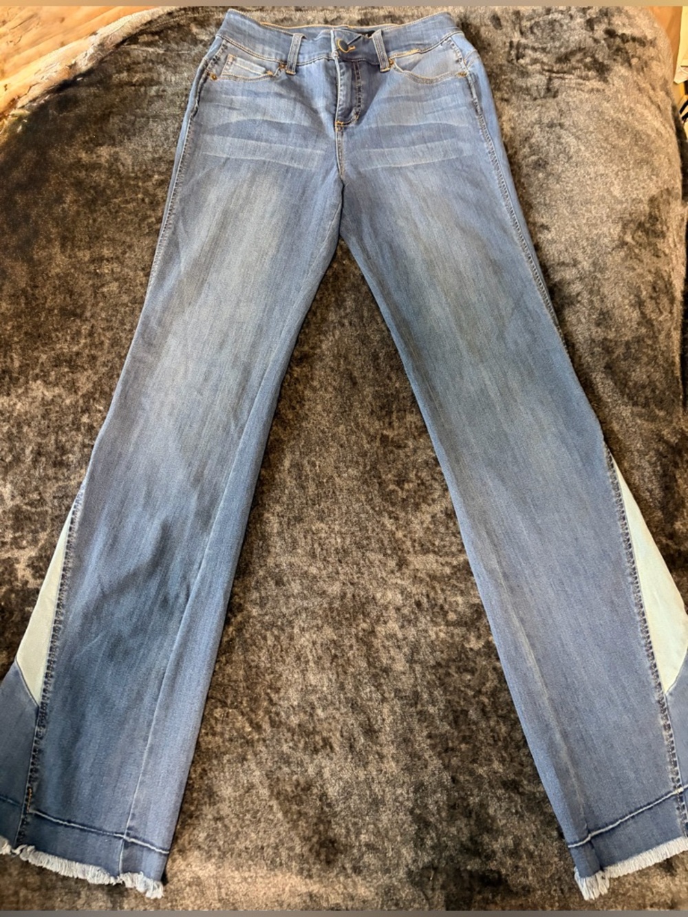 one 5 one Two-Tone Blue Flare Jeans with Raw Hem